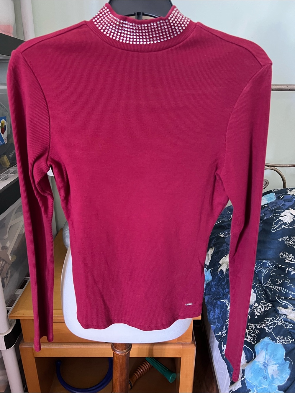Guess Long Sleeve Mock Neck Top in Red with Embellished Collar